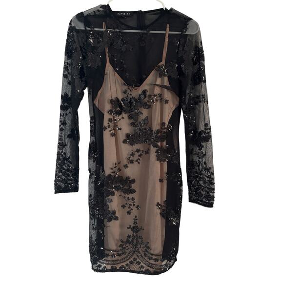 Parisian Black Mesh Sequin Dress Womens Size Small Gothic Glam Sheer Vampy Chic - Picture 1 of 9
